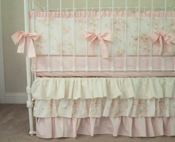 Vintage Floral Shabby Chic Baby Pink Rose Ivory / Cream Baby Girl Crib Cot Bedding