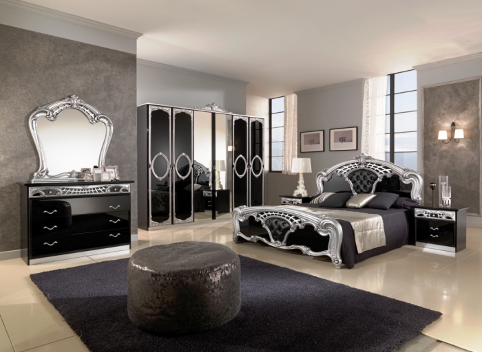 Modern classic bedroom in black and gray