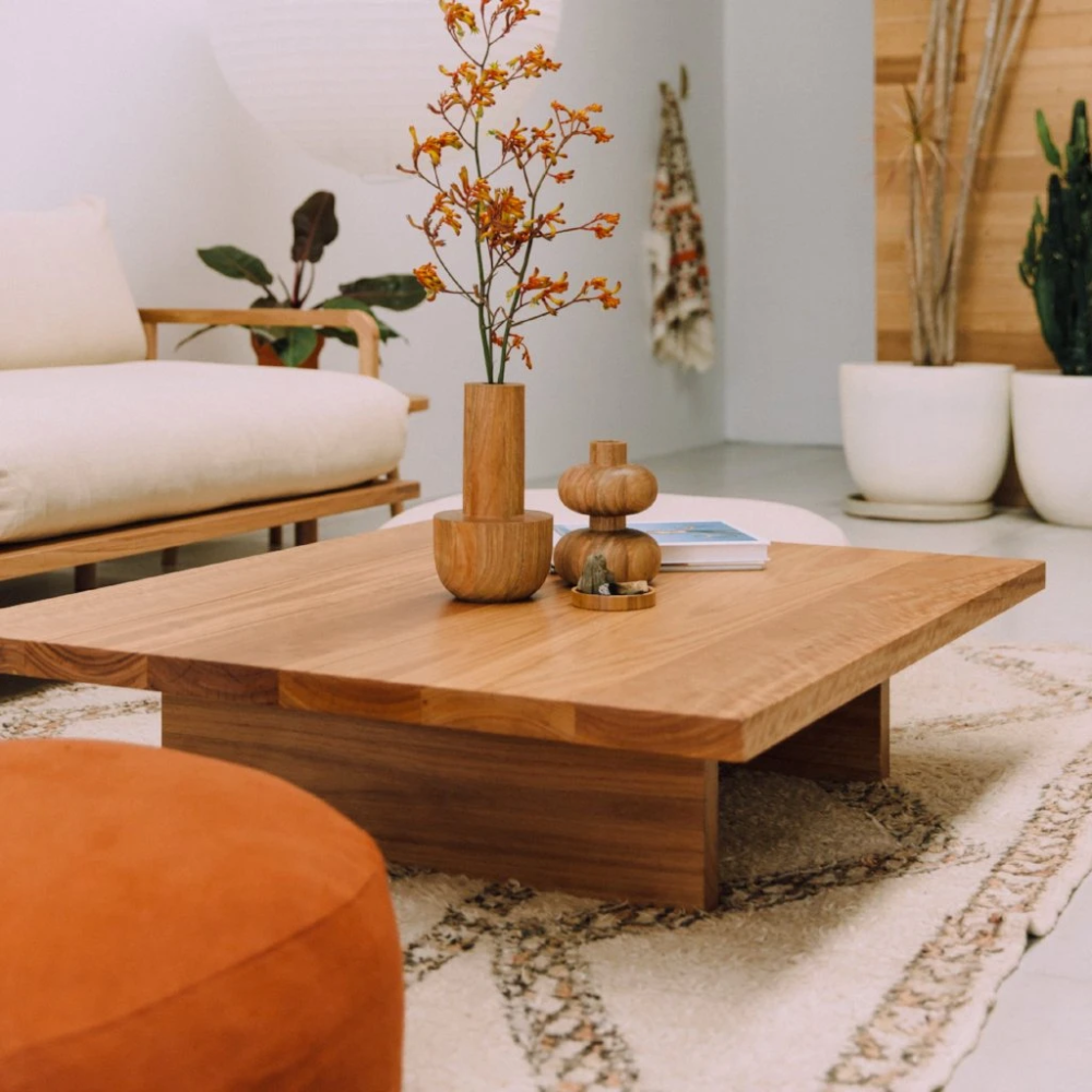 A wood coffee table in home interior