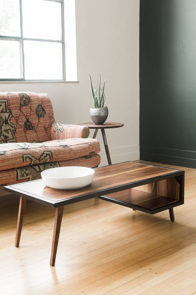 A wood coffee table in home interior