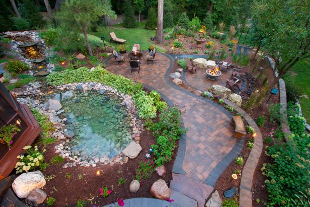 backyard garden enchanting cottage backyard with paver patio walkway, natural rock pond and DFFHQOI