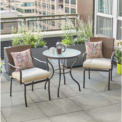 bistro patio set pin oak 3-piece wicker outdoor bistro set with oatmeal cushions BUHINVK