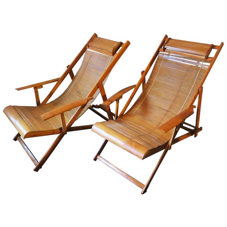 fine unusual pair of mid-century bamboo adjustable deck chairs with  armrests XXWFXVT