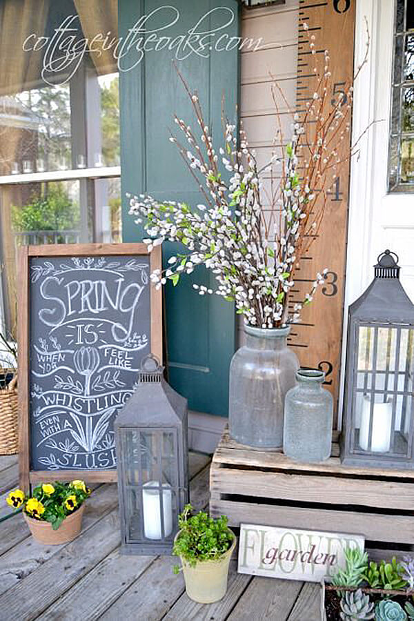 front porch decor lanterns, chalkboard, and antique glass porchscape POFXKKR