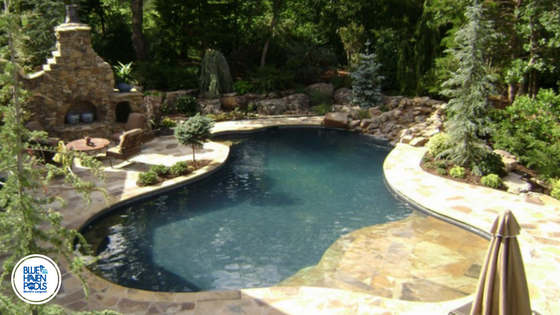 gunite pool with landscaping and stone details JBYGWRF