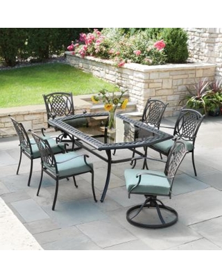 hampton bay patio set hampton bay belcourt 7-piece metal outdoor dining set with spa cushions DFCVMYH