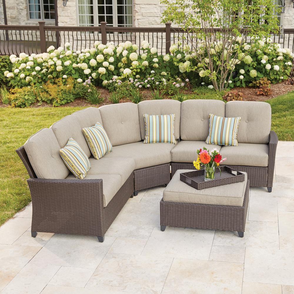 hampton bay tacana 4-piece wicker patio sectional set with beige cushions ISHTCJK