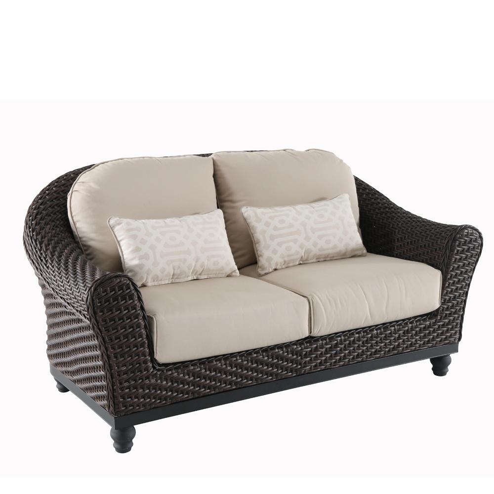 home decorators collection camden dark brown wicker outdoor loveseat with  sunbrella FTQJWUC