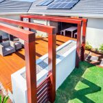 modern pergola with wood deck and fire pit with asian style TZCSIAN