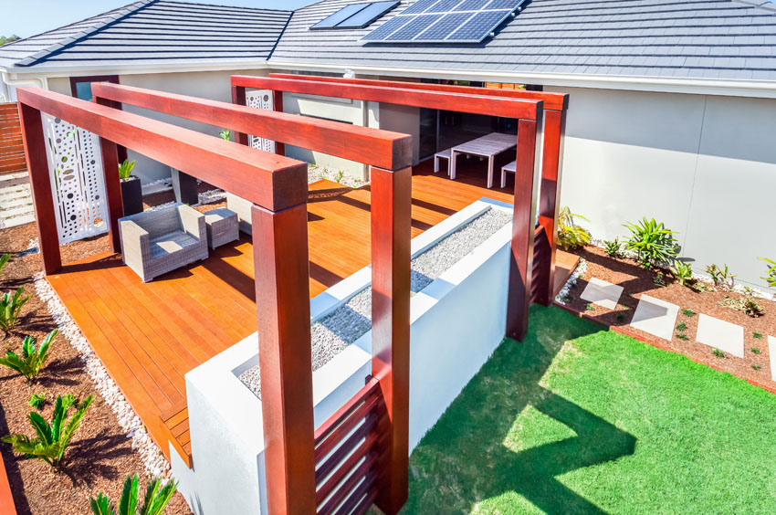 modern pergola with wood deck and fire pit with asian style TZCSIAN