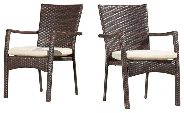 outdoor dining chairs melba outdoor brown wicker dining chairs with beige cushions, set of 2 AKNEYDP