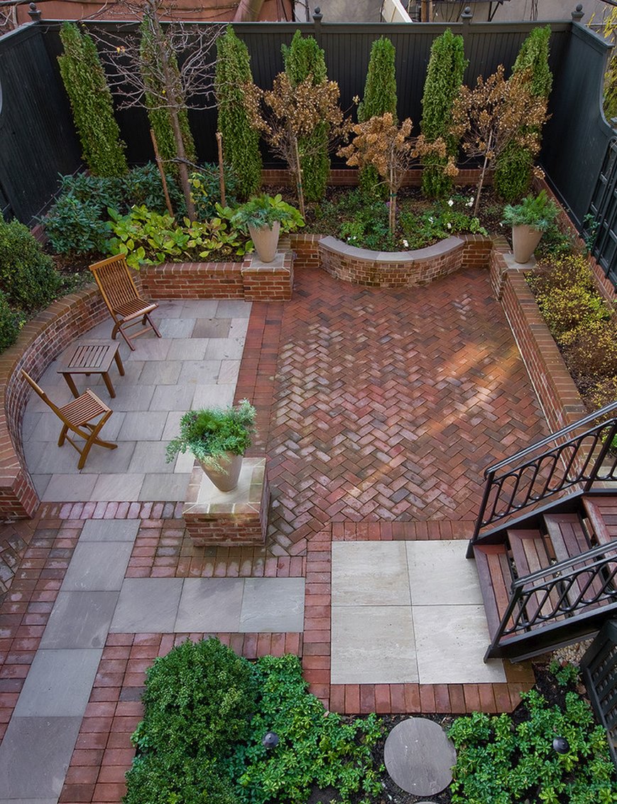 outdoors:tiny backyard design with beautiful brick patio and small wood  chairs IREPTVO