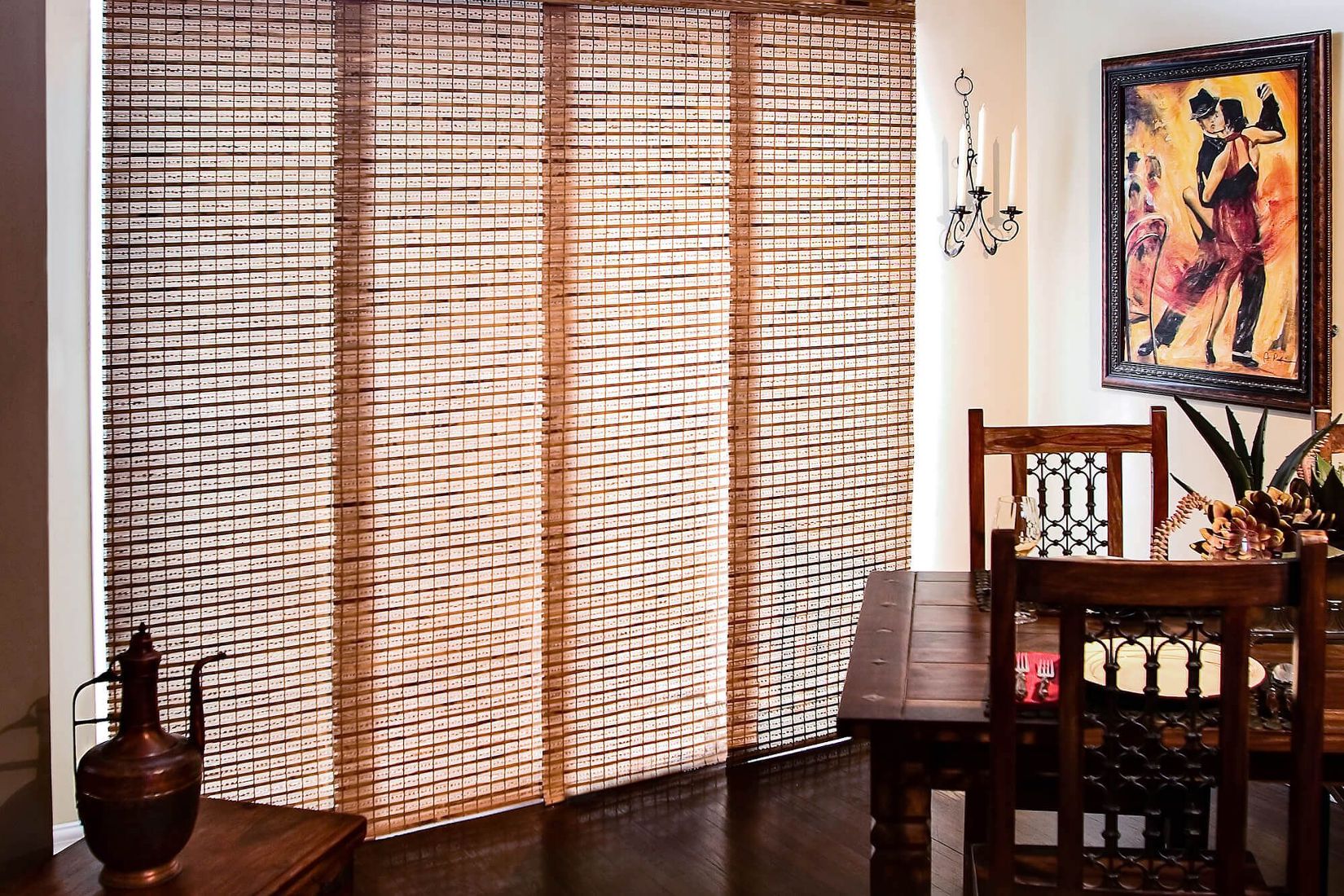 panel track blinds custom woven wood panel track compliments the dining room furniture SNSHHVX