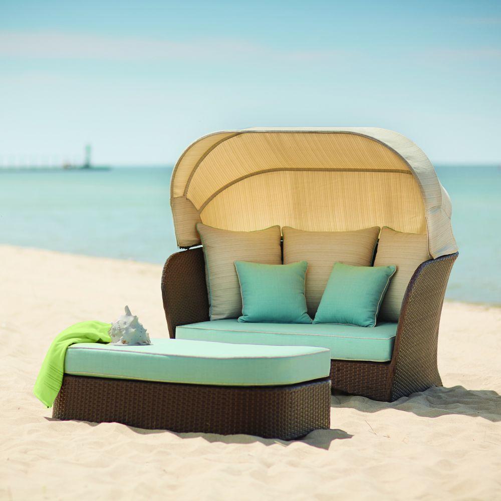 patio daybed hampton bay deerfield all-weather wicker patio day bed with blue cushions LYLDVHW