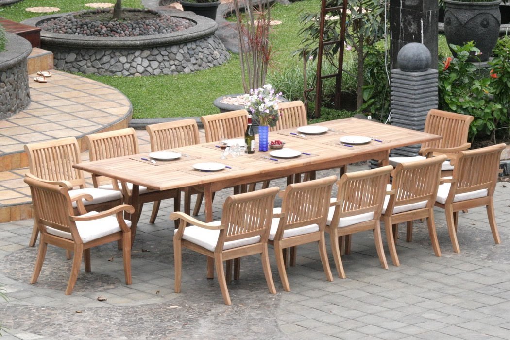 patio dining tables 13-piece-teak-dining-set TTYPBWF