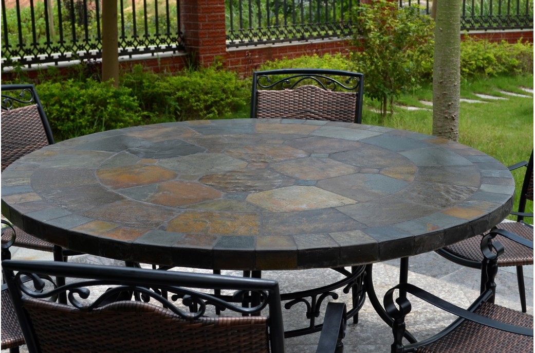 patio dining tables 63u0027u0027 round top slate outdoor stone patio dining table oceane ANTLOKH