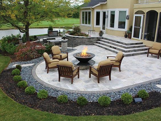 paver patio ideas stairs, firepit, paver patio with travertine, back yards, patio PDGUYQL