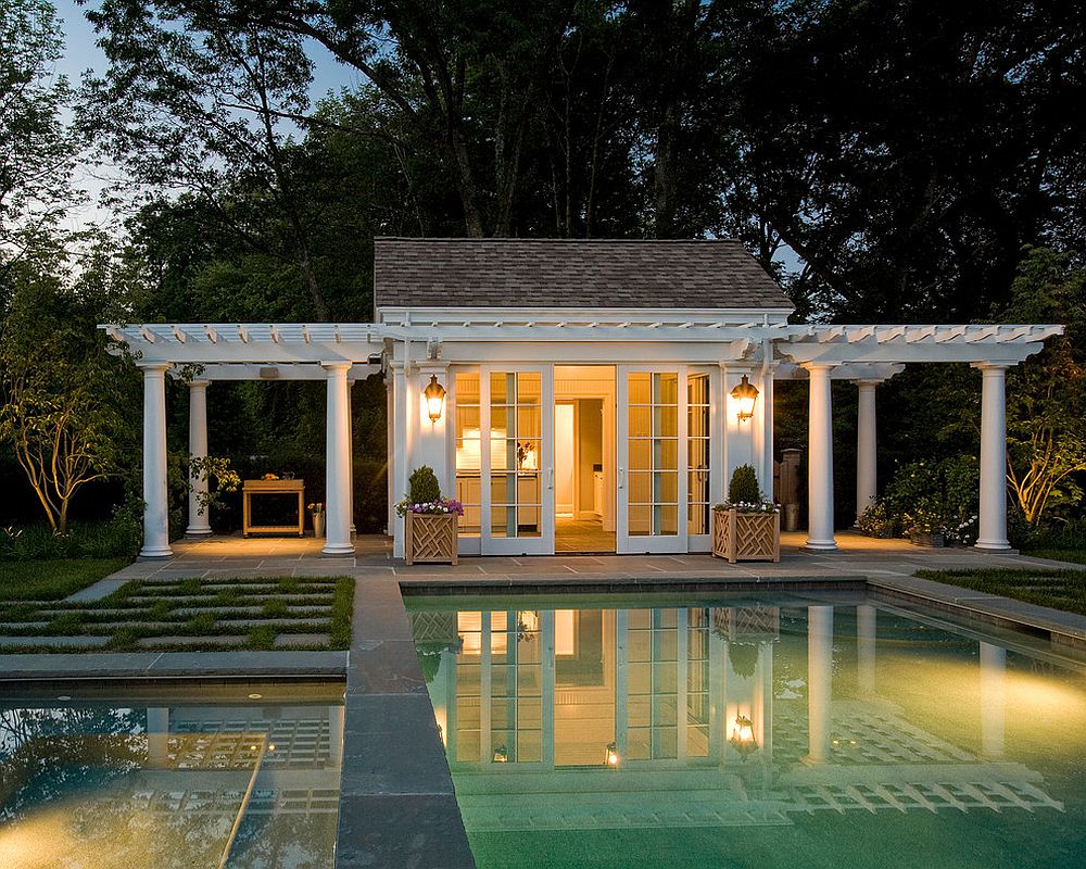 pool house designs view in gallery twin pergolas add elegance to the classic pool house NJVXNHH