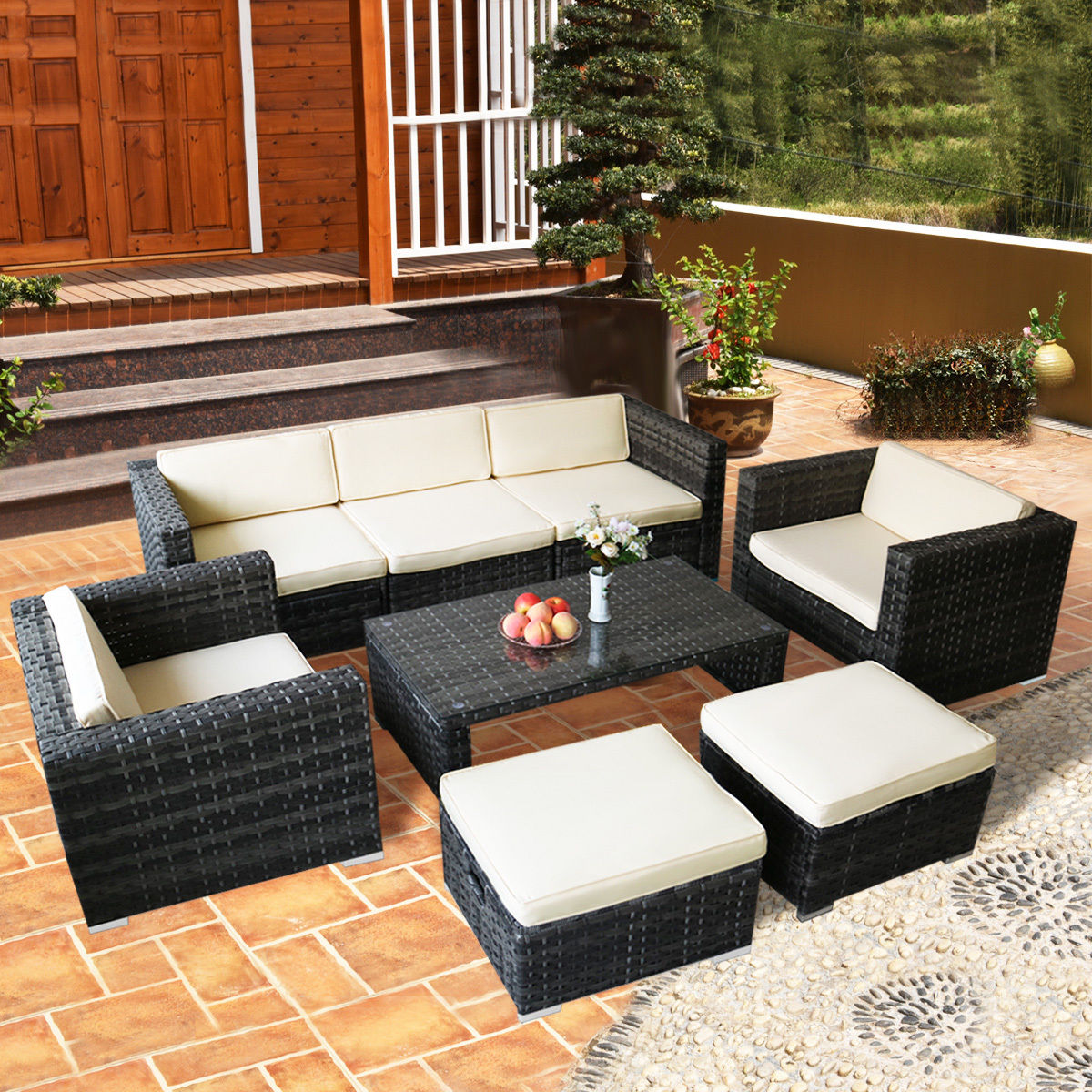 rattan patio furniture costway 8 pcs rattan wicker patio furniture set sectional cushioned ottoman FUBMWSZ