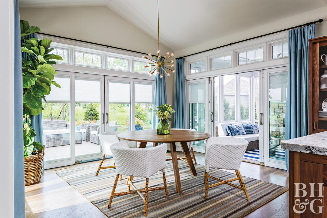 sliding door window treatments kitchen with large potted plant sputnik light fixture blue curtains ONEPLES