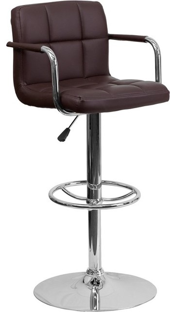 Estella Mid-Back Brown Quilted Vinyl Adjustable Barstool With Arms