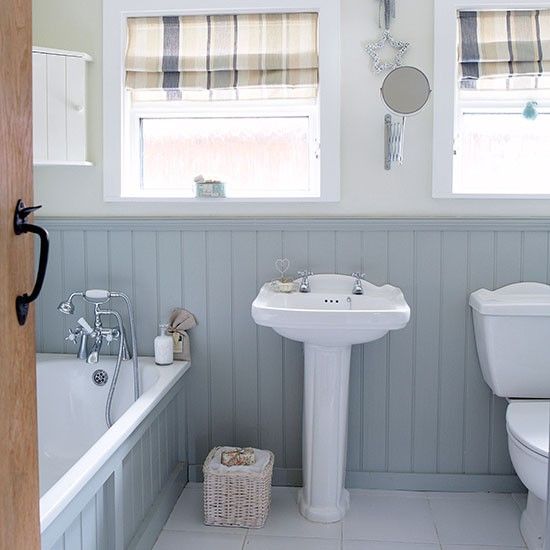 Grey And White Country Bathroom With Wall Panels Inside Paneling