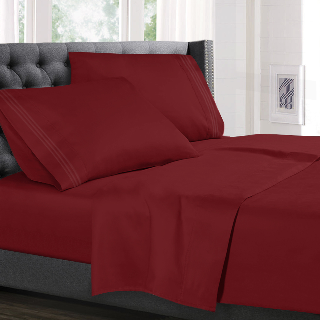 King Size Bed Sheets Set Burgundy Red, Luxury Bedding Sheets Set, 4