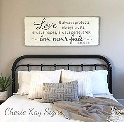 Ruskin352 Wood Sign Plaque Master bedroom wall decor Love never fails 1  Corinthians 13 wood sign rustic bedroom decor farmhouse bedroom 24 x 9.2