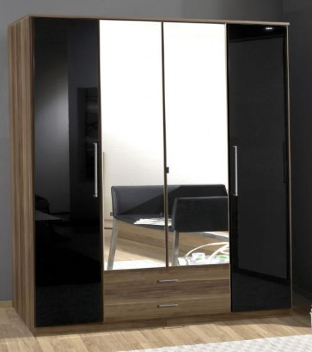 Dresden 4 Door Black Gloss and Walnut Effect Wardrobe 136453