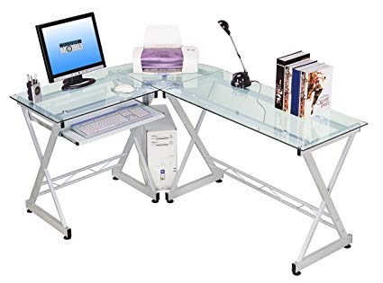 Amazon.com: Tempered Glass L Shape Corner Desk With Pull Out