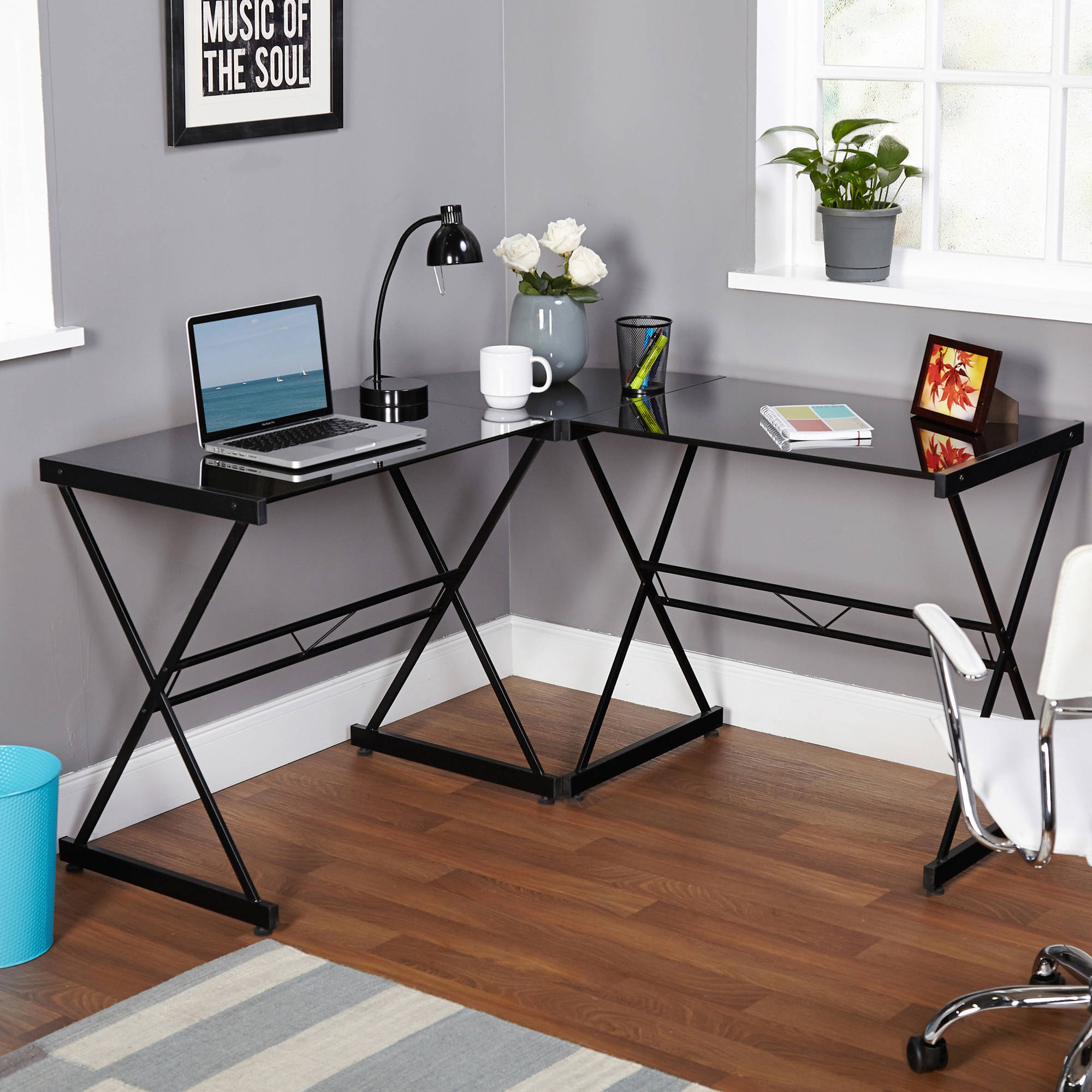 Atrium Metal and Glass L-shaped Computer Desk, Multiple Colors