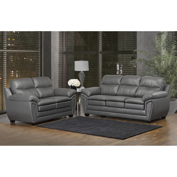 Shop Marcus Premium Grey Top Grain Leather Sofa and Loveseat Set