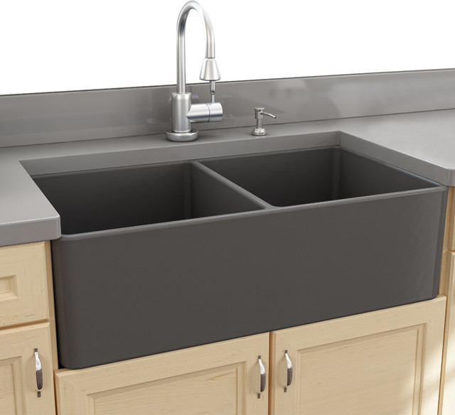 Nantucket Sinks 33'' Double Bowl Gray Fireclay Farmhouse Sink