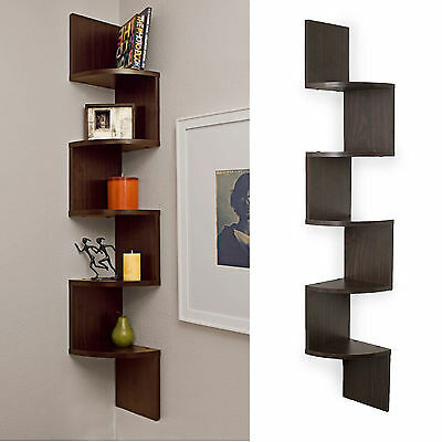 WALL MOUNT LARGE Corner Shelf Brown Rack 5 Shelves Zig Zag Furniture