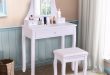 Goplus White Makeup Dressing Table Vanity Desk and Stool Set with