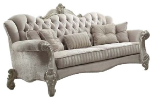 Acme Versailles Sofa With 5 Pillows, Ivory Velvet and Bone White