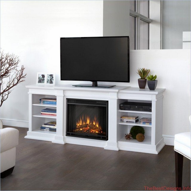 White electric fireplace television with open bookshelves