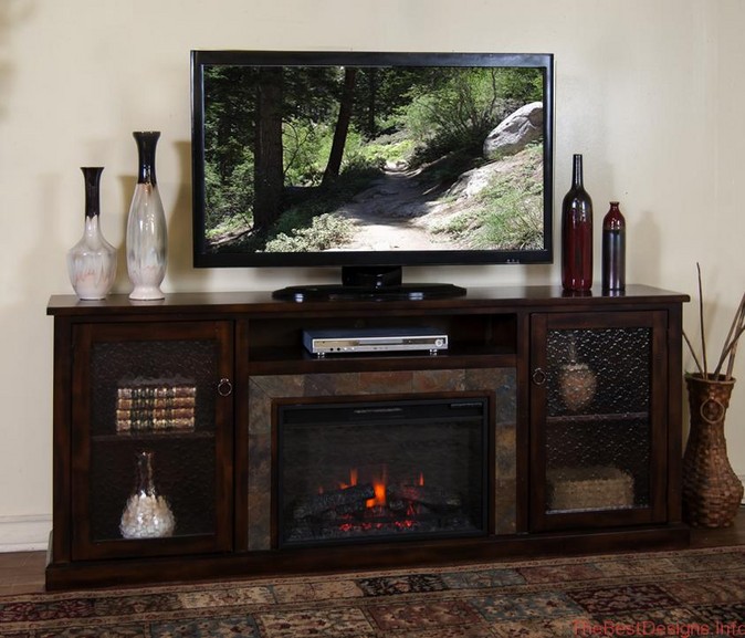 Electric fireplace TV stand oak glass door cabinets