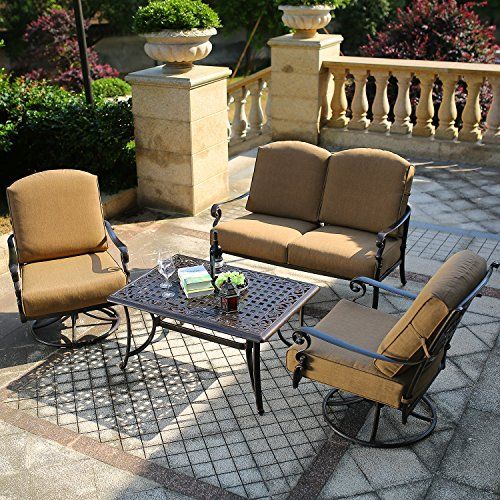 DOMI OUTDOOR LIVING Patio Furniture Dining Set 4 PCS Garden Outdoor Indoor Furniture Set with 2 Swivel Chairs, Conversation (Chat) Set, Antique Bronze Cast Aluminum