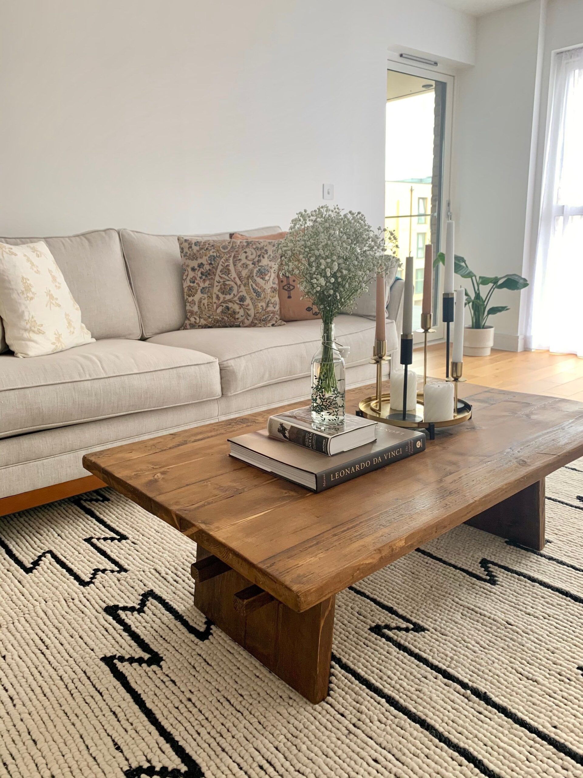 A wood coffee table in home interior