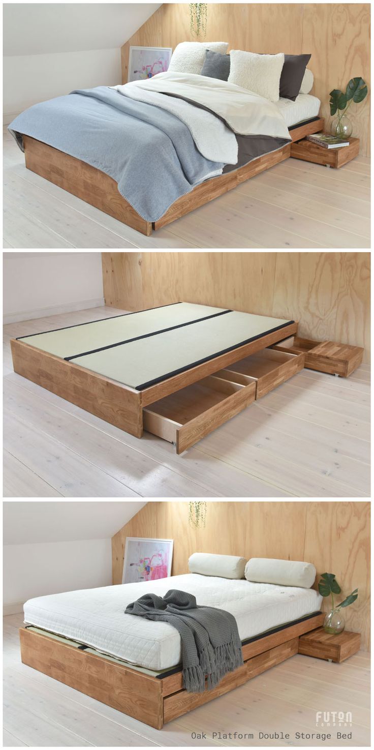 Oak Platform Double Storage Bed
