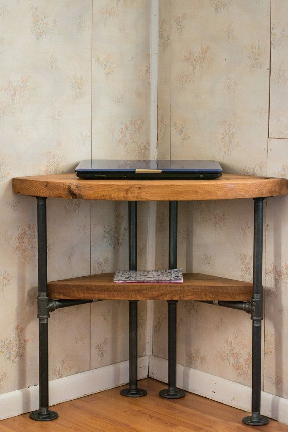 Reclaimed Wood Corner Table Desk- Solid Oak W/ 26" Black Iron Pipe legs.