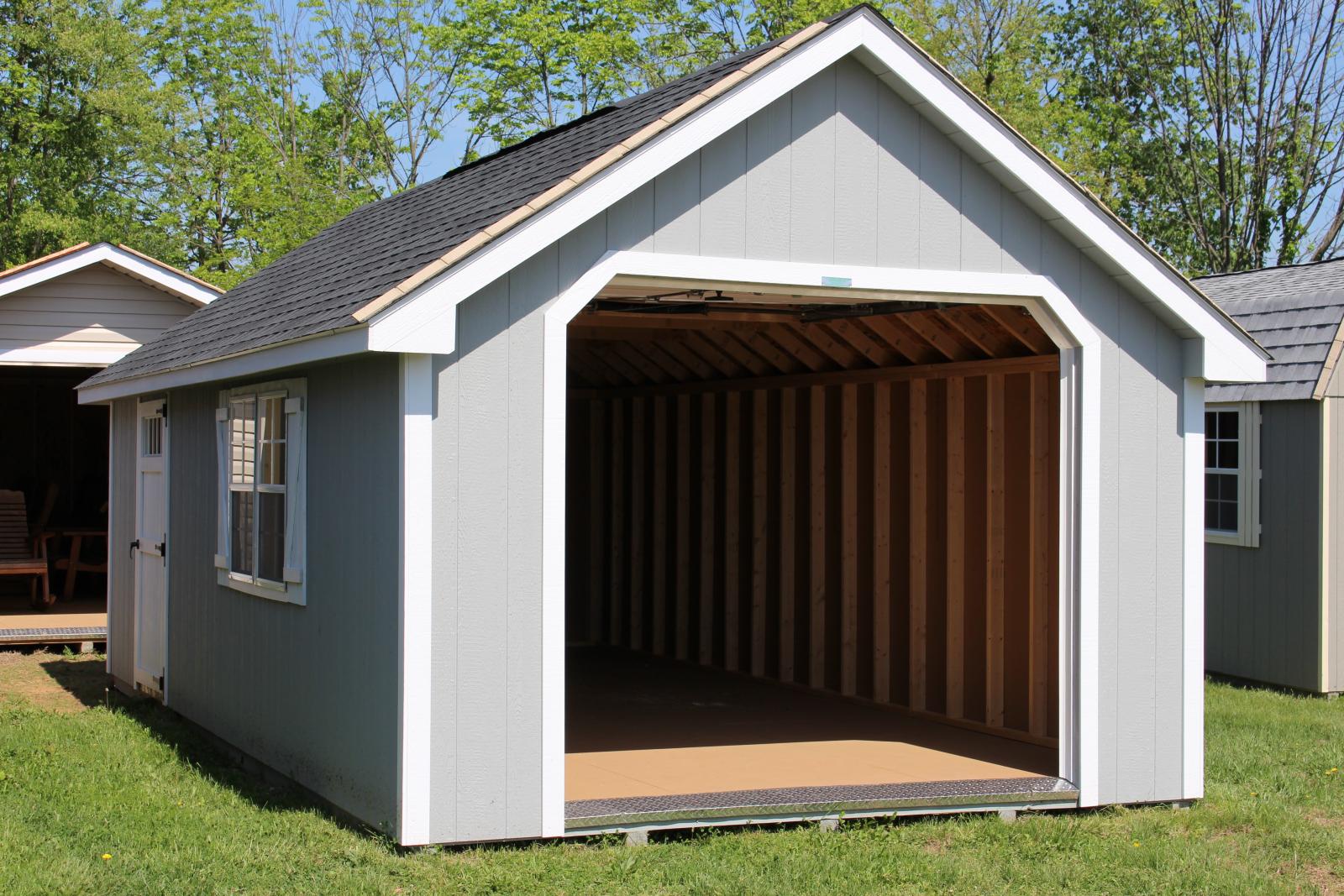 garage sheds 12x24 cape cod garage with light grey walls, white trim and shutters, WQBNPIM
