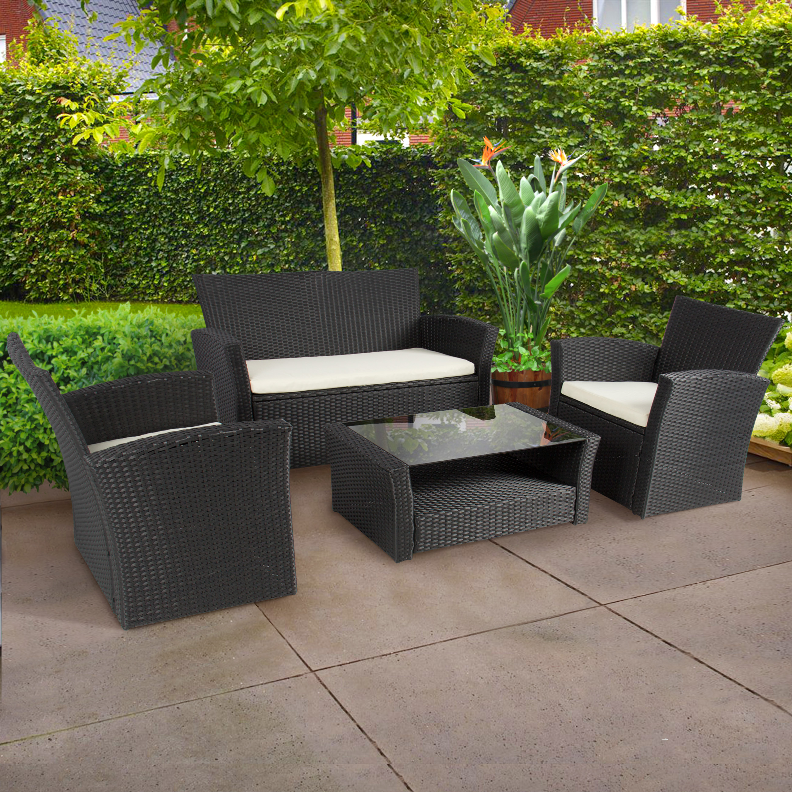 garden sets 4pc outdoor patio garden furniture wicker rattan sofa set black - HLSMRBN