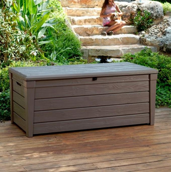 garden storage boxes keter brightwood plastic garden storage box with seat - 455 litre capacity PCYPAFO
