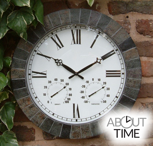 large slate effect outdoor garden clock with thermometer - 45cm (17.7 QJWOGJO