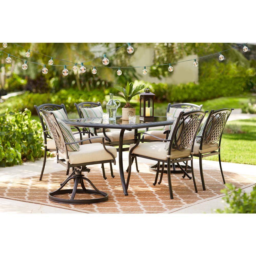 outdoor dining sets hampton bay belcourt 7-piece metal outdoor dining set with cushionguard  oatmeal DSKJYVL