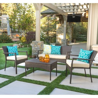 outdoor patio cancun outdoor 4-piece wicker chat set with cushions by christopher knight ZVKOTAS