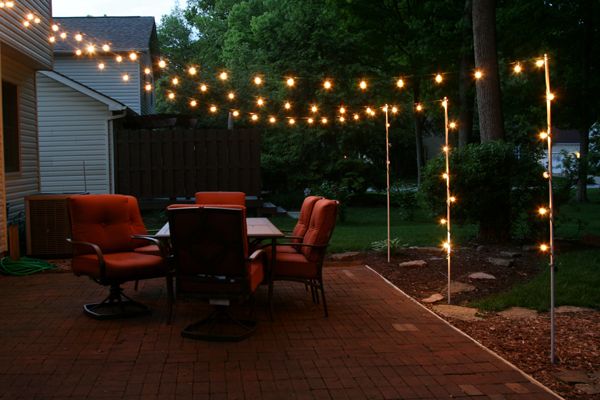 patio lighting support poles for patio lights made from rebar and electrical conduit WHCCRPG