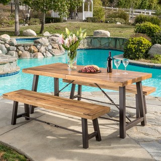 patio table sets outdoor puerto acacia wood 3-piece picnic dining set by christopher knight YDZQLLU